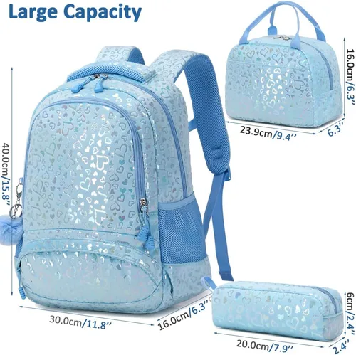 Vista 80 de Juego de mochila para niñas y adolescentes, mochila escolar para niños con bolsa para el almuerzo, estuche para lápices, mochilas escolares
