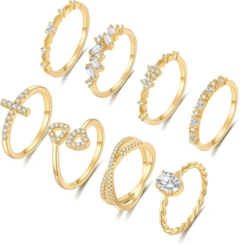 Vista 7 de TOSMGY - Anillos de oro para mujer, no se deslustra, apilables, anillos de compromiso de boda, anillo de oro de 14 quilates para adolescentes