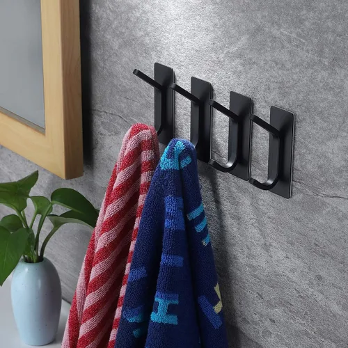 Vista 4 de YIGII Ganchos adhesivos para toallas, ganchos de pared negros para baño y cocina, ganchos resistentes, paquete de 4, acero inoxidable