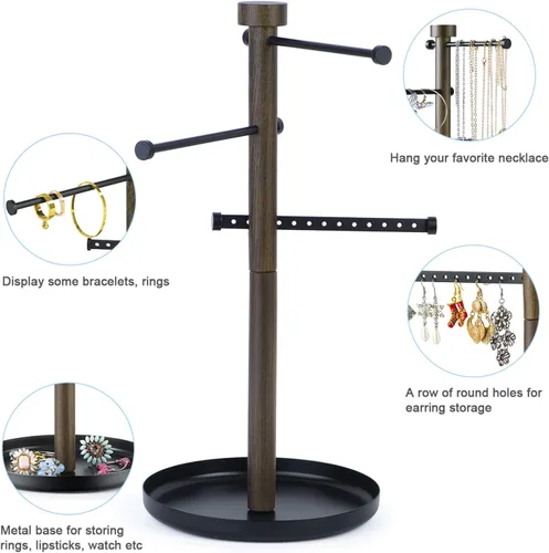 Vista 5 de SRIWATANA Soporte para joyas, organizador de árbol de joyería de 3 niveles de madera para aretes, pulsera, collar, colgante con barra de metal móvil