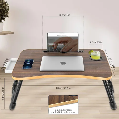 Vista 5 de Zapuno Mesa de cama plegable para laptop, mesa multifunción con cajón de almacenamiento y soporte para botella de agua, bandeja de servir mesa