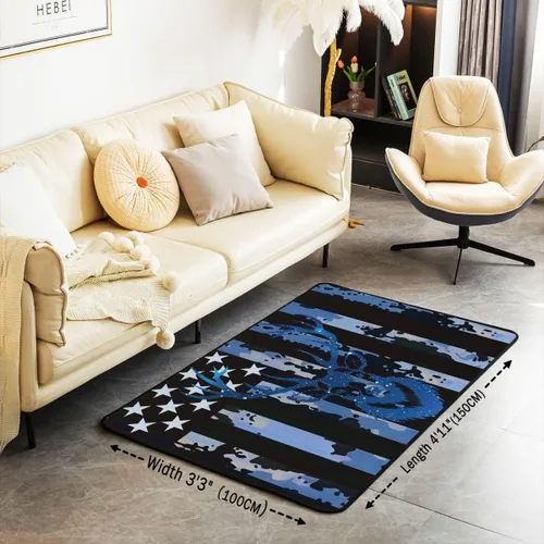 Vista 2 de Alfombra de camuflaje con diseño de ciervo de 3 x 5 pies, diseño de camuflaje azul militar, con bandera de Estados Unidos, para niños, adolescentes