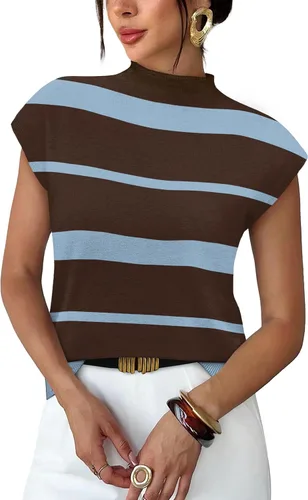 Vista 6 de Sampeel Suéter de manga corta para mujer, cuello alto, para verano, elegante, informal, básico, de punto