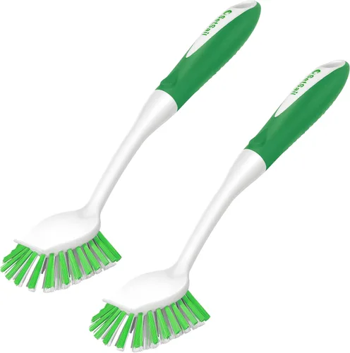 Vista 11 de SetSail Cepillo de platos con asa, paquete de 2 cepillos de cerdas rígidas con raspador integrado para limpiar platos, ollas y sartenes, fregadero
