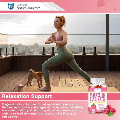 Vista 4 de Nature's Rhythm - Gomitas de magnesio de 500 mg - 65 unidades Suplementos de glicinato de magnesio para relajación, alivio del estrés y sueño