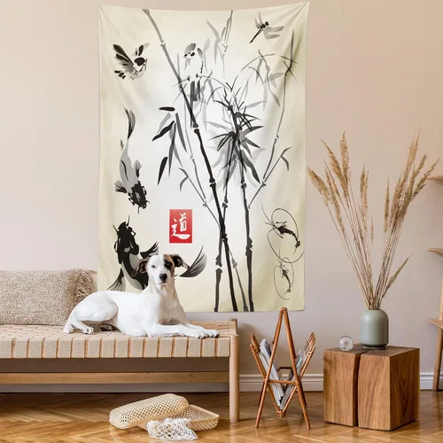 Vista 2 de Ambesonne Tapiz japonés, diseño tradicional japonés de jardín, meditación de bosque de vida silvestre, origami, colgante de pared para dormitorio