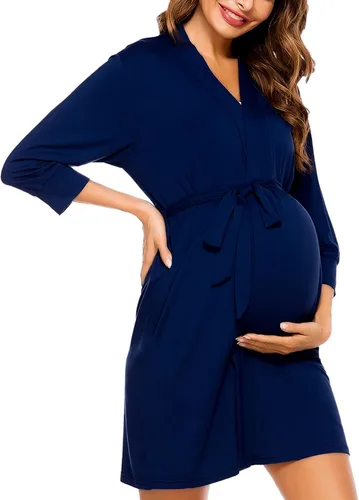 Vista 12 de SWOMOG Women's Maternity Nursing Robe Pregnancy Breastfeeding Bathrobes 3 in 1 Labor Delivery Nightgown Negro (Long Sleeve-Black)
