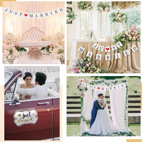 Vista 6 de Tallew 4 juegos de decoraciones para automóvil Just Married, imanes ornamentados de 12 x 7.5 pulgadas, calcomanías para ventana de automóvil del día