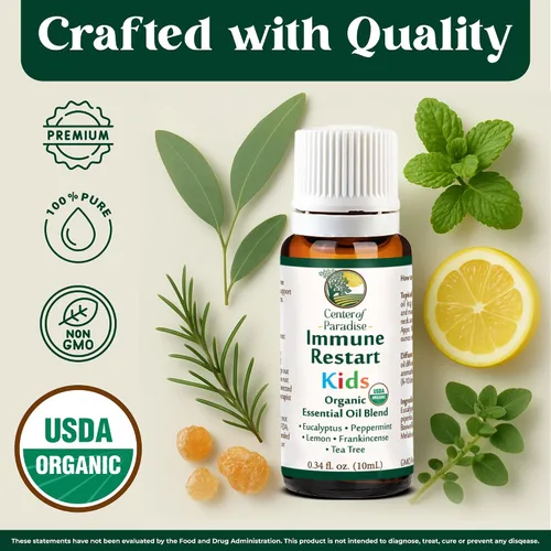 Vista 5 de Center of Paradise Immune Restart Kids Mezcla de aceites esenciales orgánicos para apoyo inmunológico (0.3 onzas líquidas), certificado por USDA
