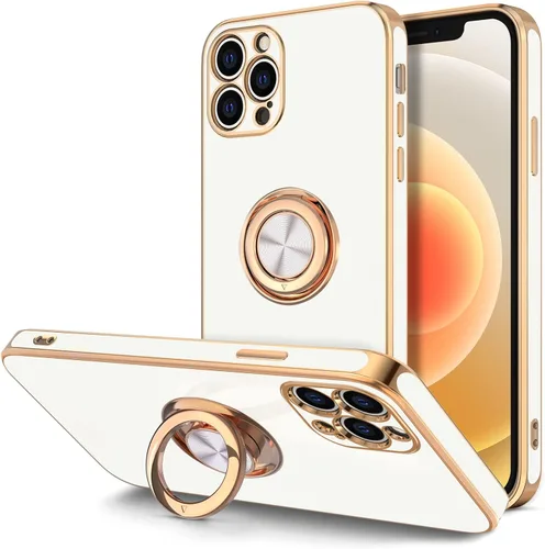 Vista 20 de Hython Funda para iPhone 12 Pro Max con Soporte de Anillo [Soporte Magnético Giratório de 360°] [Forro de Microfibra Suave] Borde Chapado en Oro