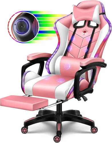 Vista 9 de Silla ergonómica para juegos profesional con luces LED y altavoces, silla de videojuegos con masaje y reposapiés, silla de computadora de respaldo