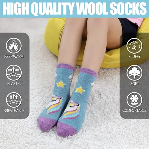 Vista 4 de MQELONG Calcetines de lana para niños y niñas, de invierno, de lana cálida, para senderismo, botas gruesas, calcetines acogedores, 6 pares