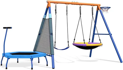 Vista 9 de Juego de columpios para niños 5 en 1 para patio trasero con trampolín, soporte de marco en A resistente de 880 libras, soporte de metal