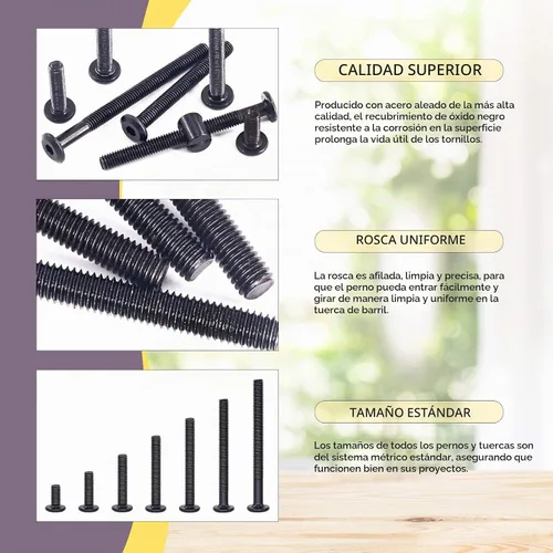 Vista 3 de Swpeet 84 piezas de tornillos negros M6 × 20/30/40/50/60/70/3.150 in, cabeza hexagonal, cunas, perno de cama de bebé y tuercas de barril con 1 llave