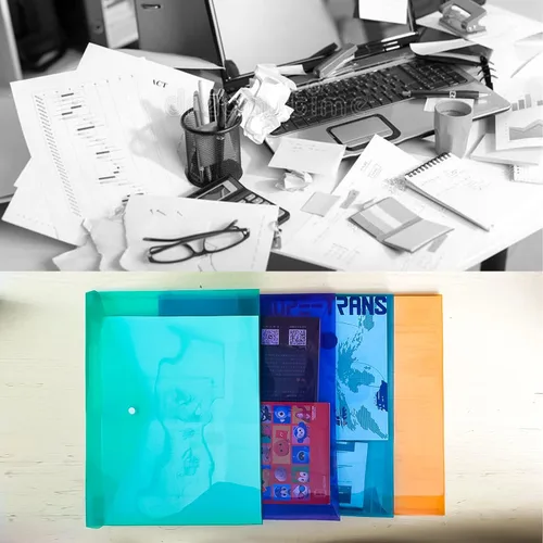 Vista 4 de Sobres de plástico (paquete de 8) – 8 colores, tamaño A4, carpeta de archivos de polietileno con cierre a presión para la organización escolar