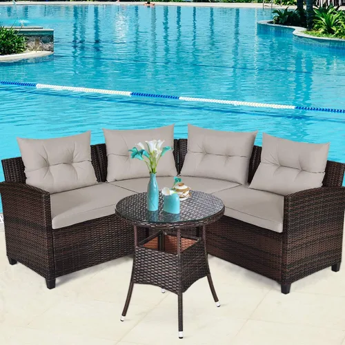 Vista 12 de Tangkula - Juego de muebles de patio de 4 piezas en forma de C de mimbre para exteriores, con cojines y mesa de centro con cubierta de cristal