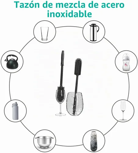 Vista 2 de Cepillo de limpieza de botellas de silicona largo Paquete de 2 Cepillo limpiador de botellas de agua de 16 + 13 pulgadas para Hydro Flask Negro