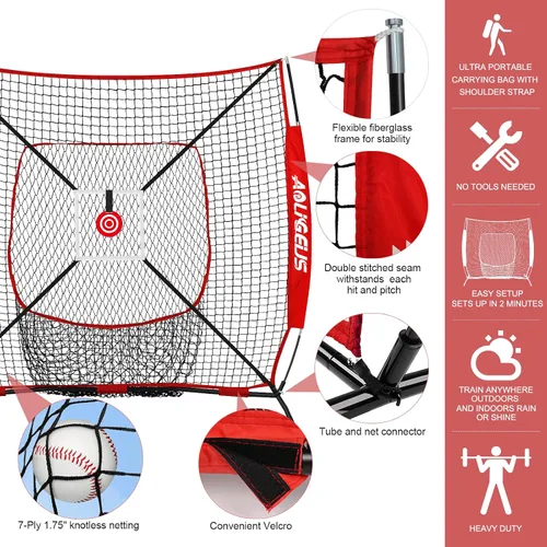 Vista 2 de 6'X6' Baseball Softball Practice Net,Pitching Net,Batting Net,with Dummy Batter,Bonus Strike Zone Target and Bow Frame,for Hitting,Pitching,Catching