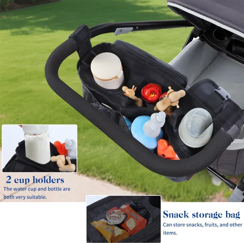 Vista 3 de Organizador de cochecito con portavasos aislado, organizador universal para cochecito de bebé, bolsillos con cremallera para teléfono, correas