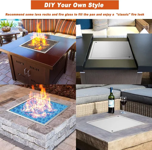 Vista 6 de Skyflame Kit de hoguera cuadrada de acero inoxidable de 24 x 24 pulgadas con bandeja para quemador de fuego, anillo de quemador de fuego y tapa