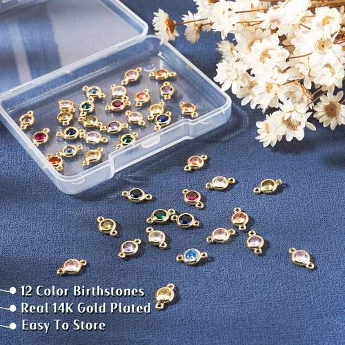 Vista 3 de Cheriswelry 48 piezas de 15 mm de cuentas planas redondas de aleación de metal de cañón con cristal de strass, cuentas de piedra natal coloridas, 3