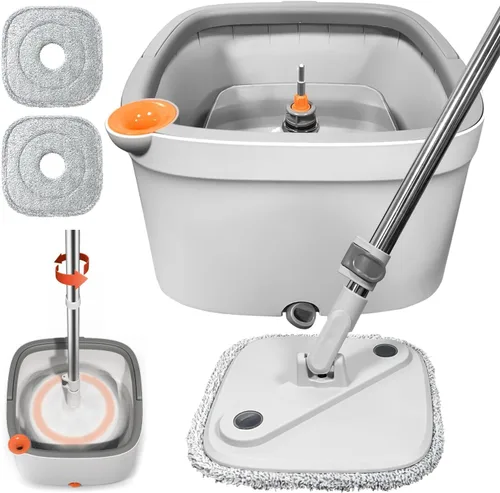 Vista 12 de Trapeador giratorio y cubo con sistema de agua sucia y limpia M16 con 2 almohadillas, cabezal de trapeador giratorio de 360° y cubo para piso