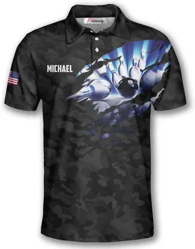 Vista 2 de PRIMESTY Camisas de bolos personalizadas para hombres, camisetas de bolos personalizadas con nombre y nombre del equipo, camisas polo de bolos