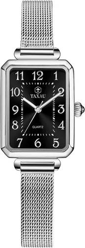 Vista 9 de Reloj cuadrado para mujer, pulsera de malla de acero inoxidable, rectangular, reloj de vestir para mujer, reloj de pulsera analógico de cuarzo