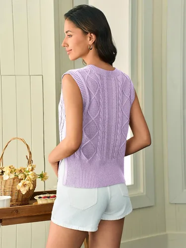 Vista 5 de Chaleco tipo suéter para mujer, cuello en V, sin mangas, de punto, liso, casual, acanalado, sin botones, sin botones
