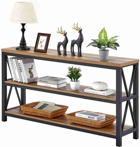 Vista 11 de Mesa consola para entrada, mesa de sofá larga con estantes debajo de la ventana, mesas de pasillo de madera y metal para vestíbulo