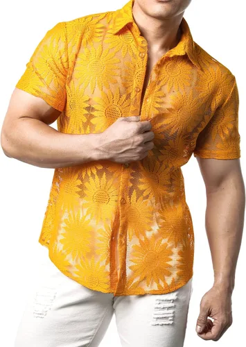 Vista 4 de JOGAL Camisa de encaje floral para hombre, camisas casuales con botones transparentes
