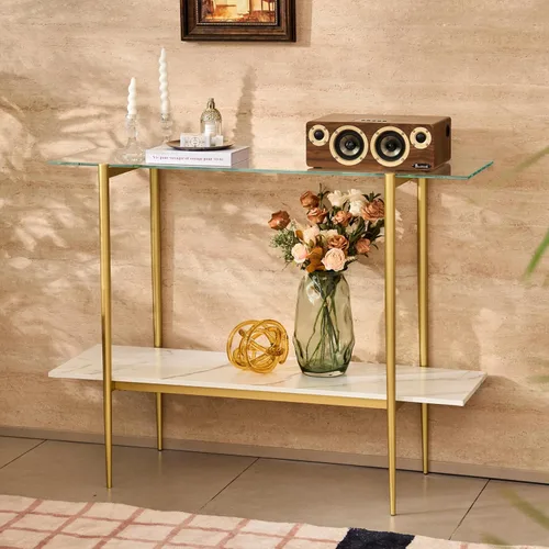 Vista 9 de Mesa consola de vidrio para sala de estar, vestíbulo y entrada, mesa de sofá moderna de mediados de siglo de 2 niveles con parte superior de vidrio