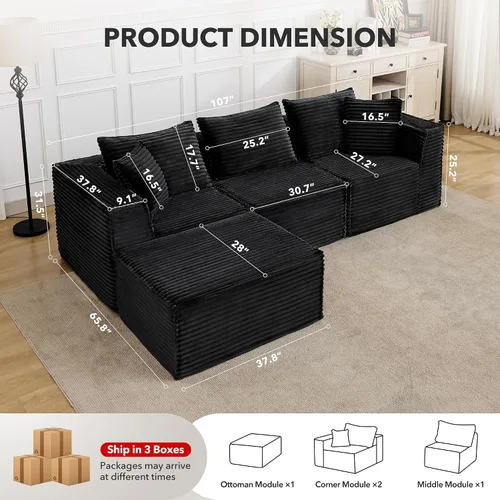 Vista 2 de Sofá modular modular de 107 pulgadas, moderno sofá seccional Cloud con asiento profundo, sofá deshuesado en forma de L con diván para sala de estar