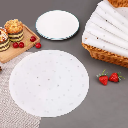 Vista 4 de Beasea Papel pergamino para freidora de aire de 11 pulgadas, 200 piezas de papel pergamino perforado blanco desechable para freidora de aire y cesta