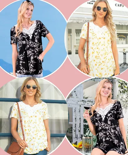 Vista 5 de CATHY Blusa de verano para mujer, manga corta, cuello en V, encaje de ganchillo, informal, plisada