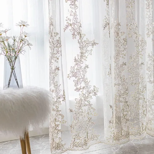 Vista 9 de Amidoudou 1 par de cortinas de tul bordadas de lujo para sala de estar, boda, cortinas transparentes con flores doradas 3D (blanco, 51 x 84 pulgadas)