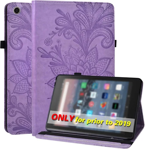 Vista 15 de Amazon Kindle Fire HD 8 8ª/7ª/6ª generación 2016/2017/2018, diseño de flores de encaje en relieve de piel sintética, a prueba de golpes, con soporte