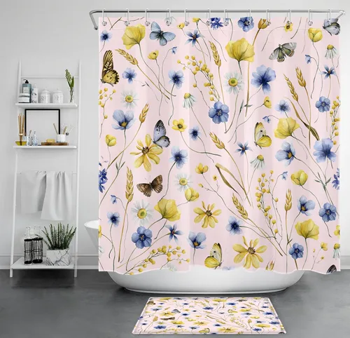 Vista 13 de EOBTAIN Nature - Cortina de ducha con flores silvestres para baño, cortina de ducha amarilla floral y mariposa sobre negro, con 10 ganchos, juego