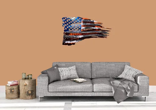 Vista 2 de Arte de pared de metal con bandera estadounidense andrajosa de 24 o 36 pulgadas Acero laminado en frío de calibre 14 Fabricado en los Estados