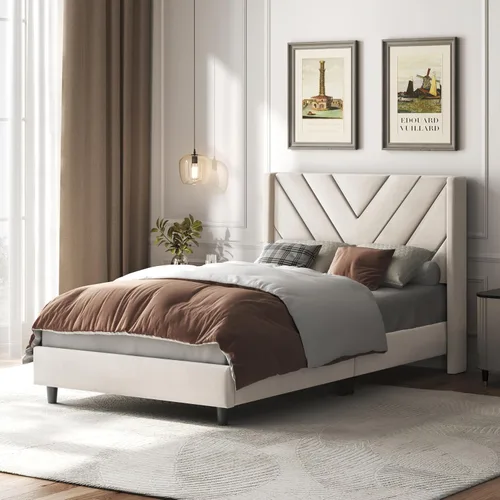 Vista 3 de YAHETECH - Base de cama tapizada tamaño individual con plataforma y cabecera con ala, soporte de listones de madera, cabecera copetada con ala, base
