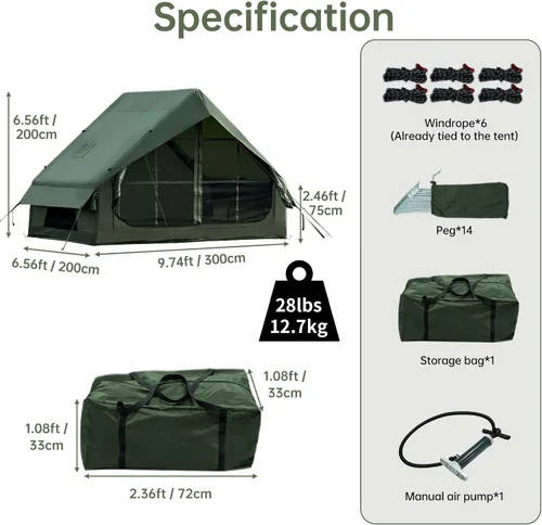 Vista 6 de Tienda de Campaña Inflable para Acampar con Bomba de Mano Impermeable para Exteriores Tienda Hinchable Oxford Tienda de Aire para 4 Estaciones Casa