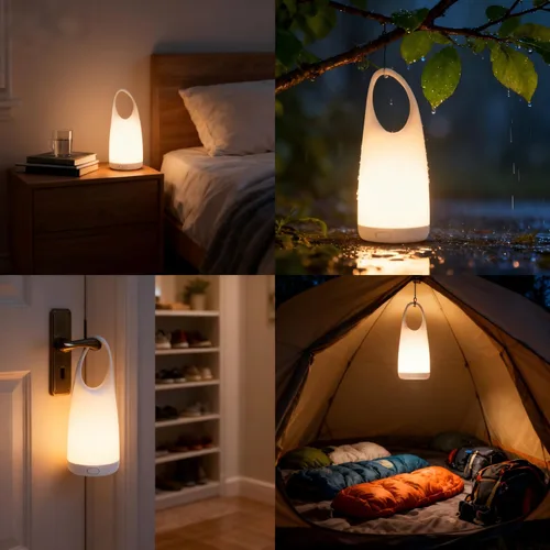 Vista 2 de Linterna de Camping LED Portátil 2 en 1, Lámpara de Mesa Nocturna con Carga, Linterna de Camping LED, Impermeable, Atenuación de 3 Niveles y Carcasa