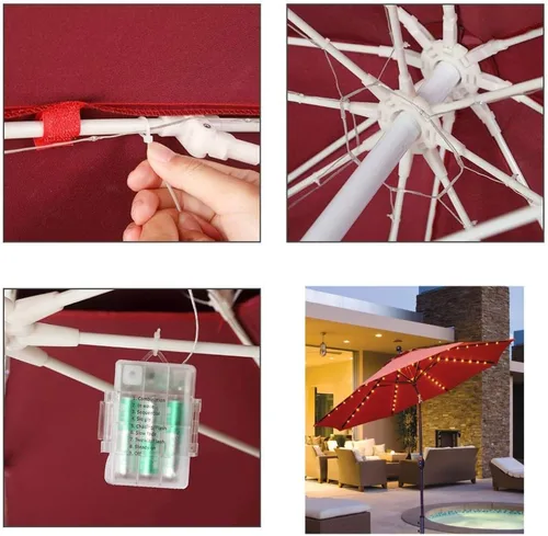 Vista 5 de Luces para sombrilla de patio, 8 modos de iluminación, 104 luces LED con control remoto, funciona con pilas, impermeable, decoración al aire libre