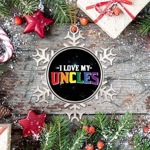 Vista 7 de I Love My Uncle LGBT Pride Adornos de Navidad para árbol, bisexual, arco iris, orgullo gay, LGBTQ Pansexual de metal copo de nieve colgante de árbol