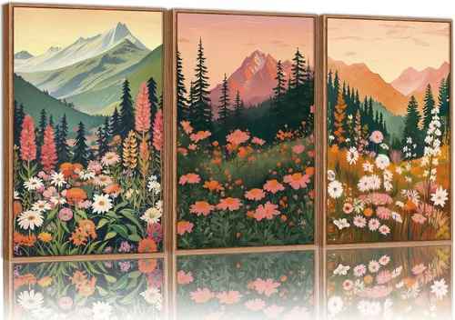 Vista 14 de Tinonedraw Arte de Pared en Lienzo Enmarcado de Paisaje de Montaña Beige, Decoración de Pared Moderna Abstracta de Mediados de Siglo, Arte de Lago
