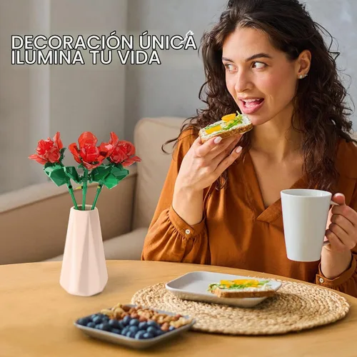 Vista 4 de Juego de construcción de ramo de rosas con luces, plantas artificiales, bonita colección botánica compatible, regalo para mujer