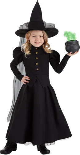 Vista 2 de Disfraz de bruja de lujo para niñas, vestido de bruja negra, sombrero