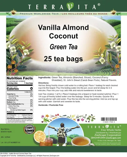Vista 2 de Té verde de coco y almendras de vainilla (25 bolsitas de té, ZIN: 537624)