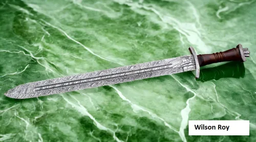 Vista 5 de Espada de acero de Damasco forjada a mano personalizada Espada de daga suiza Viking Gladius Espada de doble filo Espada de Gladiador de sangre