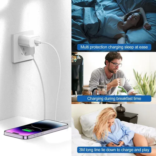 Vista 12 de Cargador de iPhone de carga rápida, bloque de cargador de pared tipo C y cable USB C a Lightning de 10 pies de longitud, adaptador de cubo